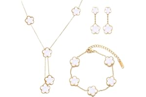 XFSRG Bijoux Trèfle À Quatre Feuilles Set Bijoux Parure Plaqué Or 18 Carats Quatre Feuilles Collier Boucles d’oreilles Bracel Pour Femme Filles De Mariage