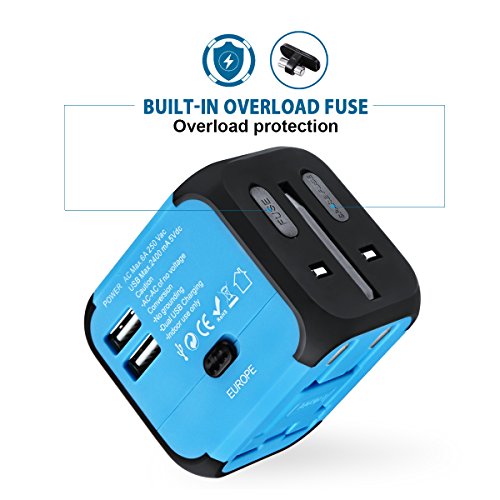 Universal Reiseadapter USB Ladegerät Ladeadapter für US UK AU EU multinationaler ladestecker universal Netzteil mit Dual USB und Schmelzsicherung (Blau) - 5