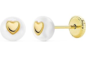 ALDA JOYEROS Pendientes de niña o bebé oro 18k Pearl & Heart 5mm