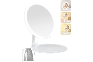 EVOLPOR LED Travel Makeup Mirror with Lights, 180° Rotation Touch Screen Compact Mirror, 3 Colors Light Modes & Dimmable, Type-C Rechargeable Ultra Lightweight Travel Vanity Mirror with Storage Bag, Round