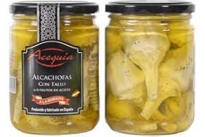 VEMOSA Alcachofas con Tallo a la Romana 6/8 Frutos - Acequia | Conserva gourmet en cristal | Sabor tradicional, textura tierna y natural | Ideales para tapas y platos mediterráneos, (2 Tarros).