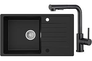 CECIPA Fregadero negro 78 x 45 cm con grifo de cocina X203B, lavabo de cocina con instalación reversible, 1 fregadero de cocina con desagüe y rebosadero, empotrable a partir de 60 cm de ancho del