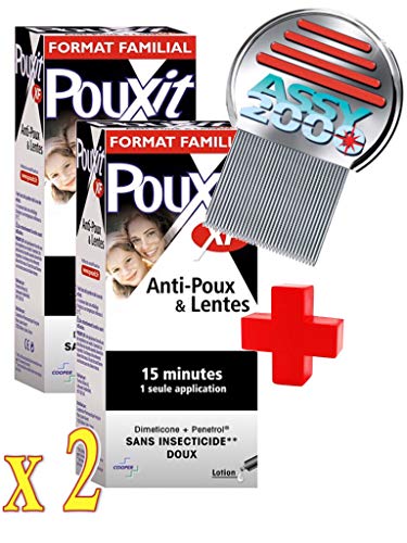 Kit Anti POUX - Assy 2000 + pouxit - Peine antipoux antilentes - en acero templado inoxidable con dientes micro-cannelées - 2 x pouxit familial