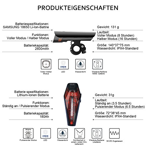 LED Fahrradbeleuchtung Set, Degbit StVZO Zugelassen USB Wiederaufladbare LED Fahrradlicht Set, Fahrradlampe Set inkl, LED Frontlichter Frontlich und Rücklicht, 60Lux Akku USB Aufladbare Fahrradlichter - 6