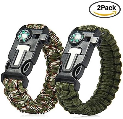 Survival Bracelets, GQY Multifunctional Outdoor Emergency Survival Kit, 5 in 1 Adjustable Paracord Bracelets with Compass Scraper Fire Starter Rescue Rope Whistle for Hiking Camping Boating Emergency (green and camouflage 2 pack)