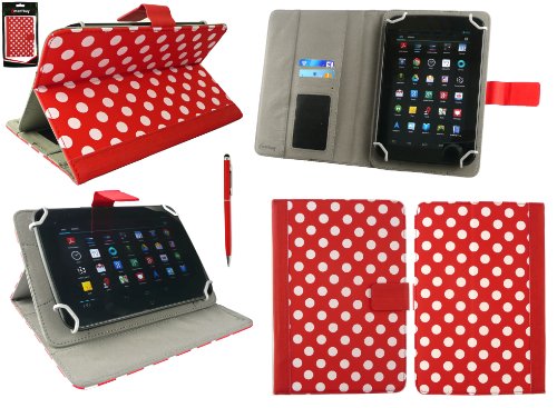 Emartbuy® Tolino Tab 8 Inch Tablet Universalbereich Tupfen Rot / Weiß Multi Winkel Folio Executive Case Cover Wallet Hülle Schutzhülle mit Kartensteckplätze + Rot 2 in 1 Eingabestift