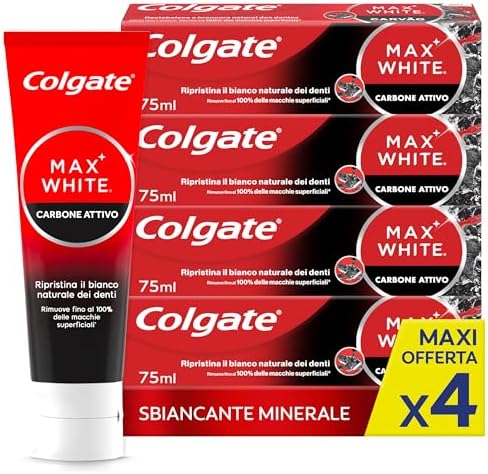 Colgate Dentifricio Sbiancante Max White Carbon 4 Confezioni da 75 ml I Dentifricio Minerale Delicato Al Carbone Attivo Per Denti Bianchil I Sbiancantemento denti I Bianco naturale