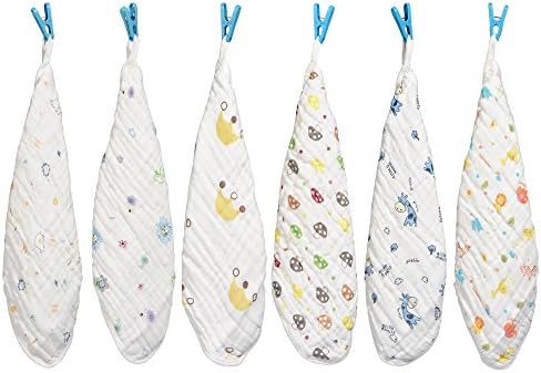 FinalHome Absorbent Muslin Cotton Baby Face Towel, 6 Pack 30X30 cm Reusable Wipes Bath Washcloths with Hooks For Sensitive Skin