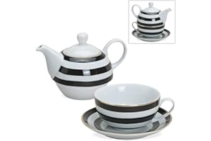 matches21 HOME & HOBBY Tea for One Set strisce bianche e nere con bordo dorato, set regalo esclusivo con teiera, tazza e piatto, design elegante per momenti speciali di piacere