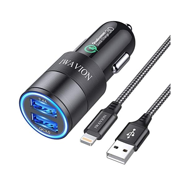 Auto Ladegerät, IWAVION Quick Charge 3.0+2.4A 30W KFZ Ladegerät Adapter Dual USB Auto Ladeadapter mit 1M Nylon Ladekabel für iPhone XS/XR Max/X/8S/8 Plus/7S/7 Plus/6S/6/5s/5C/SE,iPad Air/Mini/Pro,iPod