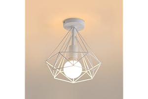 Seamoon Lámparas de techo Vintage Industrial LED E27 Diseño de jaula iluminación de techo interior Ideal para pasillo, porche, salón, cocina, sala de estar, dormitorio - Blanc (bombilla no incluida)