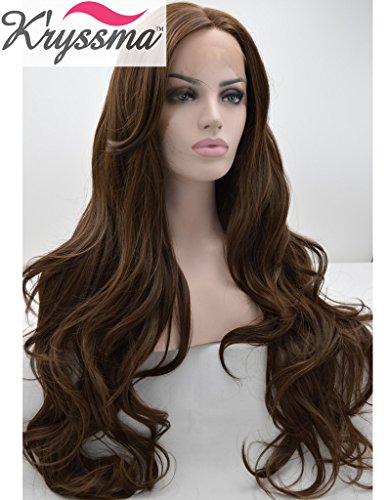 K'ryssma Realistic Wigs for Women Chocolate Colour Natural Wavy Long Synthetic Hair Glueless Lace Front Wig Half Hand Tied Heat Safe 26 inches