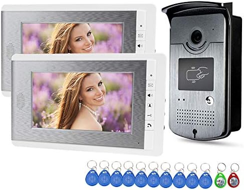HFeng 7'' TFT Color Video Doorbell Intercom System Wired RFID Access Camera for Home Phone doorphone kit 700TVL IR Night Vision +10pcs Keys tag 500 Users EM Reader (2 monitors 1 camera)