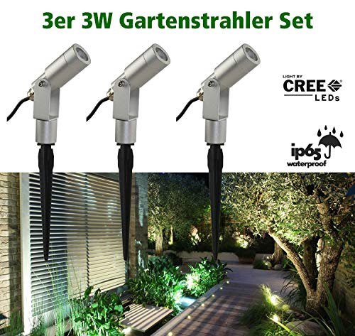 VBLED® - Juego de dispositivos de iluminación para jardines (3 unidades, diseño de estacas con focos, grado de protección IP65, 12 voltios, incluye fuente de alimentación y conector)