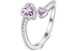 Qings Anillo Ajustable Corazón, Anillo Piedras de Nacimiento Plata de ley 925, Anillo Abierto, Anillos Niñas Promiso Regalos de Cumpleaños para Mujer Niñas