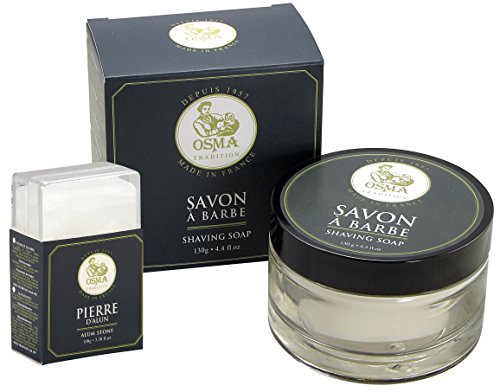 Osma Tradition Luxury Shea Butter Shaving Soap 130g With Glass Bowl and Handmade Alum Block (Soothes Shaving Irritation) With Clear Perspex Case 100g