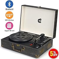 Wockoder Portable Bluetooth 3 Stereo Speed Turntable with Built in Speakers, Vintage Style Vinyl Record Player,Black