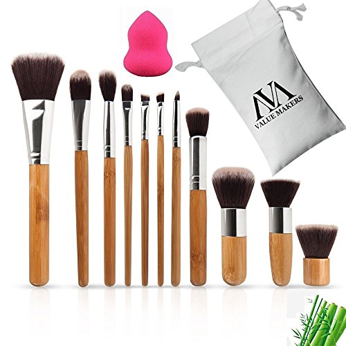 VALUE MAKERS 11Pcs Natural Bamboo Handles Make Up Brush Set+Makeup Foundation Blending Powder Sponge-Super Soft Bristles Concealer Eyeshadow Contour Brush-Cosmetic Tool Kit with Portable Bag (11Pcs+Makeup Puff)