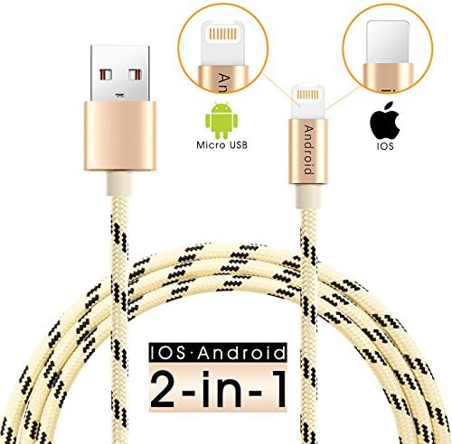 2 in 1 Lightning Cable and Micro USB Cable, Durable Nylon Braided Cable Compatible with Both IOS&Android Devices, Data Sync Cable for iPhone iPad Samsung Huawei and more, 100cm / 3.3ft (Gold)