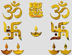 Wall1ders 1Store - Ganesha Combo Golden 3D Acrylic Stickers, 3D Acrylic Mirror Wall Stickers, 3D Mirror Stickers for Wall, 3D Wall Mirror Stickers for Home & Offices.