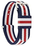 MOMENTO Damen Herren NATO Nylon Uhren-Armband Ersatz-Armband Uhren-Band mit Edelstahl-Schliesse in Silber und Blau Weiss Rot Gestreift 16mm