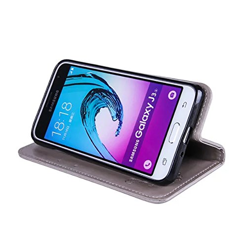 SKYXD Leder Hülle für Samsung Galaxy J3 2016 Rosen Blumen und Schmetterlings Muster,PU Folio Klappbar SchutzHülle [Brieftasche Kartenfach / Magnet / Standfunktion / Trageschlaufe] KlappHülle für mit [Koala Handyanhänger + Eingabestift] 3 in 1 Zubehör Set Handy Tasche Etui for für Samsung Galaxy J3 2016 J320F J3 Duos Bookstyle Flip Case Leather Cover With [Stylus and Dust Plug]- Grau - 5