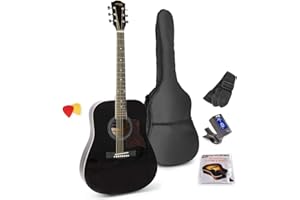 MAX SoloJam Westerngitarre, Akustik Gitarre Set, Acoustic Guitar, Akustikgitarre 4/4 mit Tasche, Plektrum, Stimmgerät, Schultergurt und Stahlsaiten, Anfängergitarre in Schwarz
