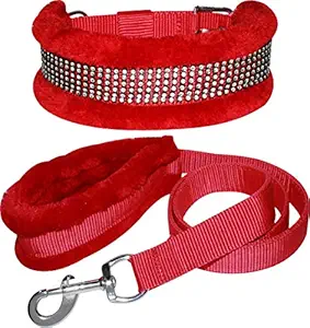 S.Blaze Dog Belt Combo of 1.25 inch Red Feather Padded Dog Collar with Dog Leash Soft Handle Feather Padded Dog Collar & Leash