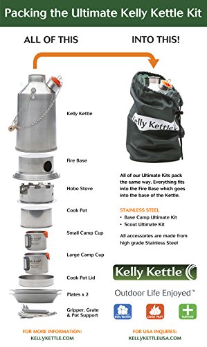 Ultimativ ‚Scout‘ Kelly Kettle Zelten Kit Edelstahl GUTER PREIS ANGEBOT Beinhaltet 1,2 ltr Modell Stahl ‚Scout‘ Wasserkessel+Kochset Set+Landstreicher Camping Herdplatte+Camping Tasse set 2 stück + - 2