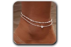DOA Adjustable Women's Anklets, Dainty Layered Ankle Bracelets for Women, 925 Silver Plated Anklets for Women, Beaded/Heart Beach Anklet
