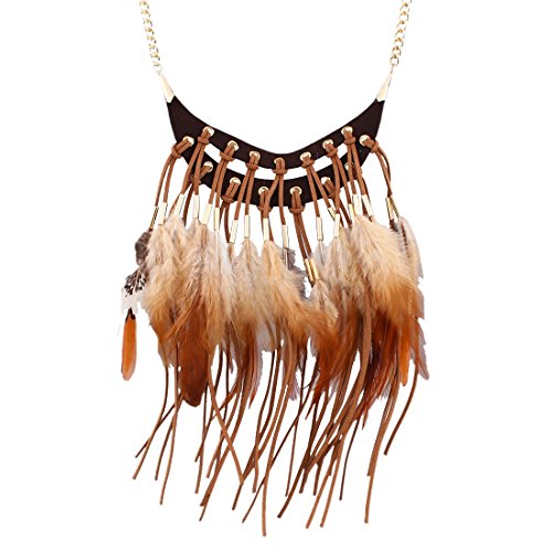 QIYUN.Z Mujeres Cafe/Borlas De Plumas etnicos Declaracion del Babero De Cuero Collar Negro