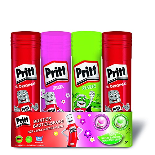 Pritt Klebestift Mix Pack / 2 Pritt Stifte Original, 1 Klebestift Grün, 1 Klebestift Pink / Lösungsmittelfrei / Wasserlöslich / Klebestift für Kinder / Ablösbar / Pritt Klebestifte (2x22g, 2x20g)