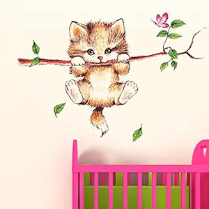 Decals Design Little Catty on Branch Wall Sticker (PVC Vinyl, 60 cm x 45 cm, Multicolour) (6410), Animal