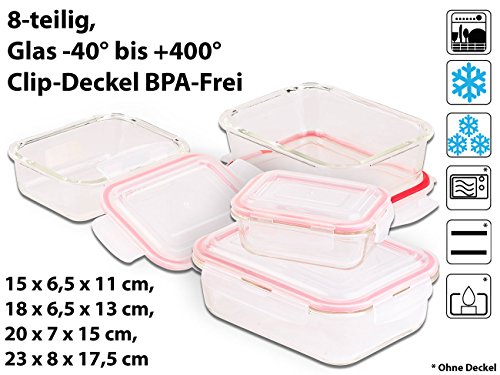 Rosenstein & Söhne 5in1 Glas XL-Frischhaltedosen-Set, 8-tlg, Clip-Deckel, -40 bis +400 C° - 3