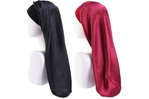 LADAYPOA Lange Satin Schlafmütze, 2 Stück für Frauen mit Zöpfen - Extra Große Ausführung mit Breitem Elastischem Band, Weich und Bequem
