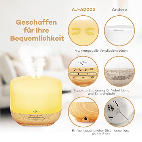 Aroma Diffusor Anjou 500ml Luftbefeuchter ätherisches Öl Diffusor Duftzerstäuber für Aromatherapie, einstellbarer Nebelausstoß, 7 Farbstufen, Niedrigwasserschutz - 3