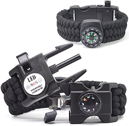 Auchee LED SOS Emergency Paracord Bracelet with Thermometer |The ULTIMATE 16 in 1 Tactical Survival Gear| Perfect for Cycling Hiking Camping Fishing Hunting (Black-Thermometer, Trilobite 9inch)