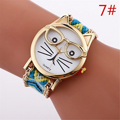 Unitedeal Women Ladies Girls New Fashion Gold Lovely Cat With Glassse Multi Color Knitted Wrap Chain Bracelet Watch Wedding Party Dress Decor Gift (7#)
