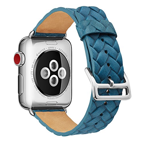 Fatetec para Apple Watch Correa 44MM/42MM, Pulseras de Repuesto de Pulsera de Pulsera de Cuero Genuino/Hebilla clásica de Acero Inoxidable para Apple Watch Series 1 y 2 y 3 (42MM, Blue)