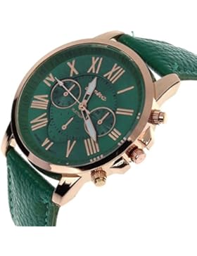 FEITONG Damenuhr Mode Römischen Ziffern Kunstleder Analoge Quarz Armbanduhr Dunkelgrün Neu
