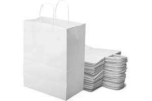 Extiff - Confezione di 50 sacchetti bianco in carta kraft con manici, 26 x 14 x 32 cm, shopping bag, confezioni regalo per compleanno, Natale o matrimonio