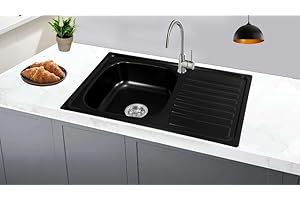 Omeere Fregadero de cocina de acero inoxidable 304 de 0,8 mm,Fregadero empotrado 1 seno 80 x 50 x 18cm,pequeña rectangular (Escurridor a la derecha negro)