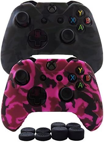 Hikfly Silicone Controller Cover Skin Grips for Xbox One/Xbox One X/Xbox One S Controller Protector Case Faceplates Kits Video Games(2x Camouflage Cover with 8 x Thumb Grips Caps)(Grey,Peach)