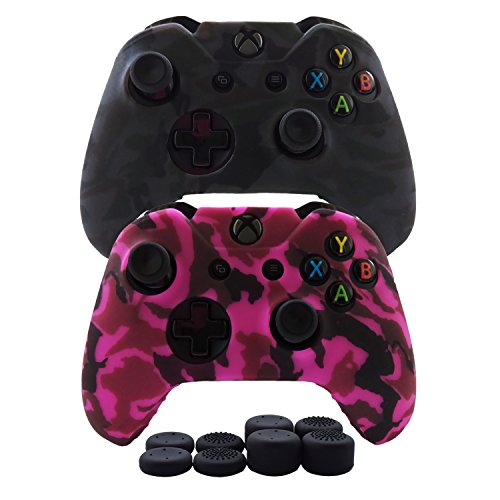 Hikfly Silicone Controller Cover Skin Grips for Xbox One/Xbox One X/Xbox One S Controller Protector Case Faceplates Kits Video Games(2x Camouflage Cover with 8 x Thumb Grips Caps)(Grey,Peach)