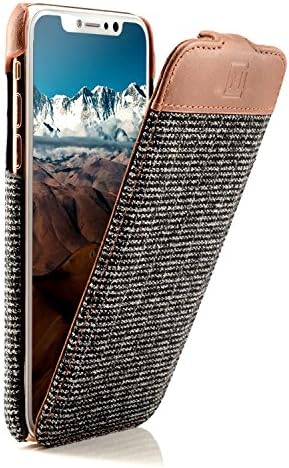 MIQODO MiFlip genuine leather with fabric flip case for iPhone X with card compartment, slim case design, premium leather case, Grey-Brown