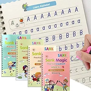 4Mura Magic Practice Copybook, (4 Book + 10 Refill+1 Pen+1 Grip ) Number Book for Preschoolers with Pen, Magic Calligraphy Copybook Set Reusable Writing Tool Simply Hand Lettering Stationery Book