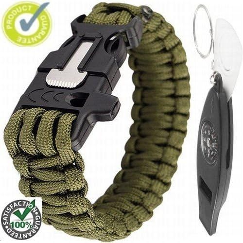 Premium 9 in 1 Multifunction/use Outdoor Survival Army Green Paracord Cord Bracelet-Wristbands/Rope Gear/Flint Rod/Fire Starter/Scraper/Mini Cutter + Whistle/Compass/Thermometer/Magnifier Tools for Summer/Spring Camping Hiking Climbing Emergency Kits (300cm, Army Green)