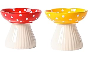 E-YIHESZ Raised Cat Bowl, Cute Mushroom Cat Water Bowl, Elevated Cat Food Bowl, Ceramic Cat Bowls for Food and Water, Wide Shallow Cat Food Dish, Whisker Fatigue 2pcs (Red&yellow)