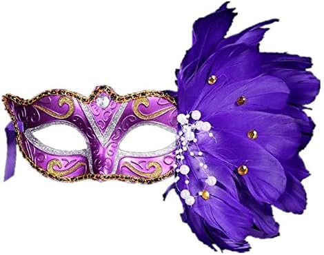 Uni Best Sparkling Halloween Mask With Feathers Venetian Masquerade Costume Ball Carnival Party Eye Mask Fancy Dress Party Princess Feather Masks (purple)