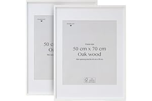 Framelane Set de 2 Marcos de Roble Blanco con Vidrio Acrílico Antirrayas y Passepartout, Marco Cuadro 50x70 Vertical u Horizontal para Decoración y Fotos